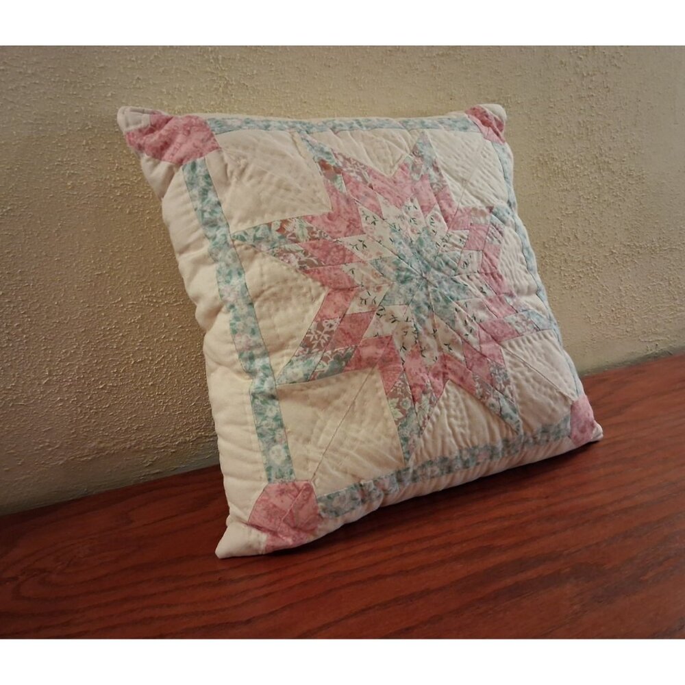 Quilted Star Pillow Pink Blue 15" Decorative Throw Pillow Vintage Farmhouse
